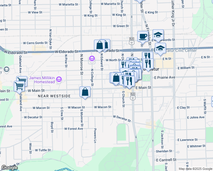 map of restaurants, bars, coffee shops, grocery stores, and more near 1-199 North Edward Street in Decatur