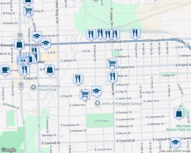 map of restaurants, bars, coffee shops, grocery stores, and more near 1001 East Main Street in Decatur