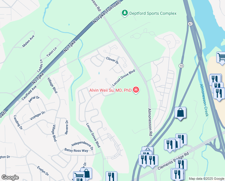 map of restaurants, bars, coffee shops, grocery stores, and more near 143 Valley Forge Way in Deptford Township