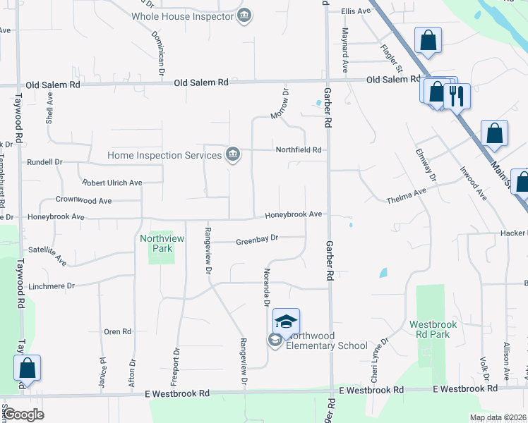 map of restaurants, bars, coffee shops, grocery stores, and more near 3607 Honeybrook Avenue in Dayton