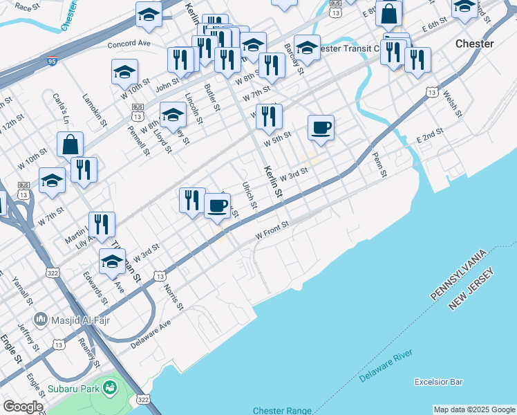 map of restaurants, bars, coffee shops, grocery stores, and more near 738 West 2nd Street in Chester