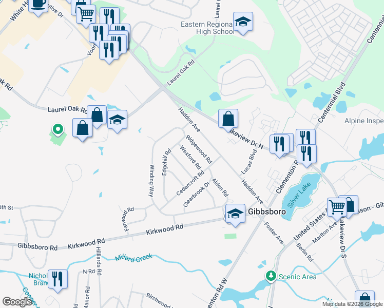 map of restaurants, bars, coffee shops, grocery stores, and more near 9 Wexford Road in Gibbsboro