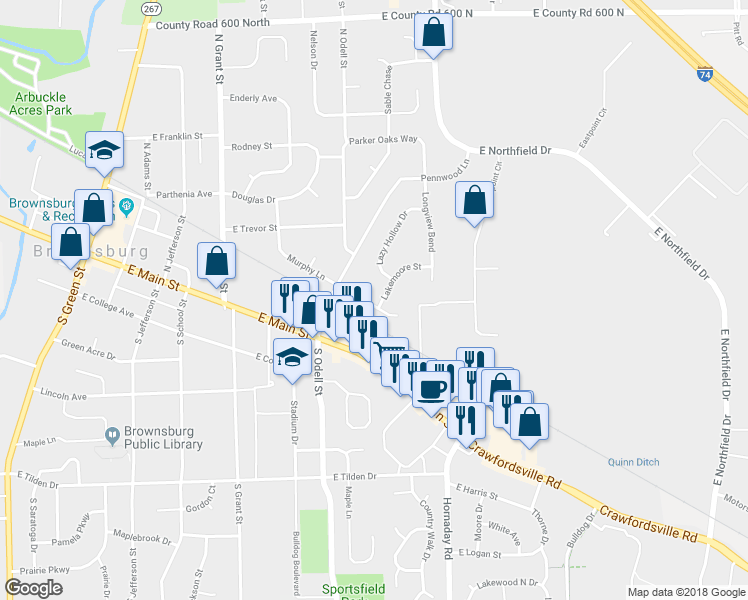 map of restaurants, bars, coffee shops, grocery stores, and more near 202 Lakemoore Street in Brownsburg