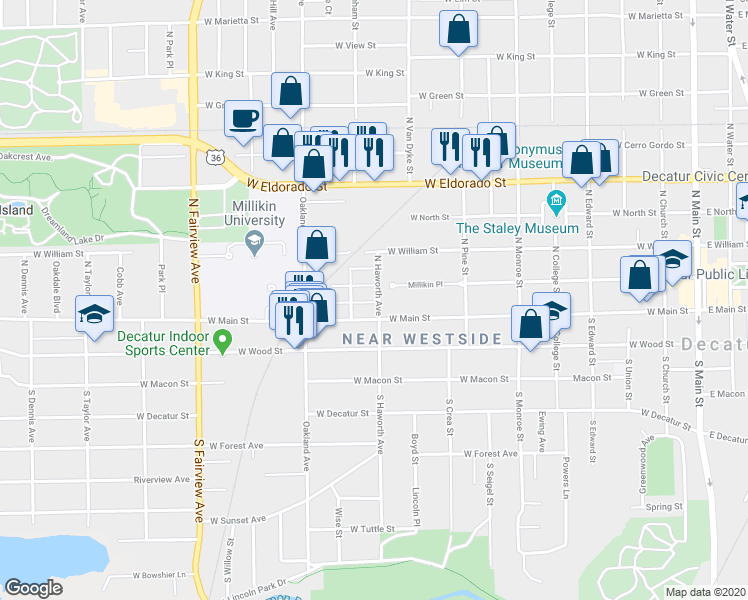map of restaurants, bars, coffee shops, grocery stores, and more near 137 North Haworth Avenue in Decatur