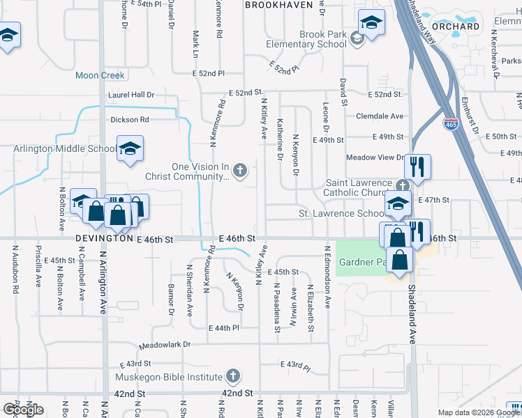 map of restaurants, bars, coffee shops, grocery stores, and more near 6602 East 47th Street in Indianapolis