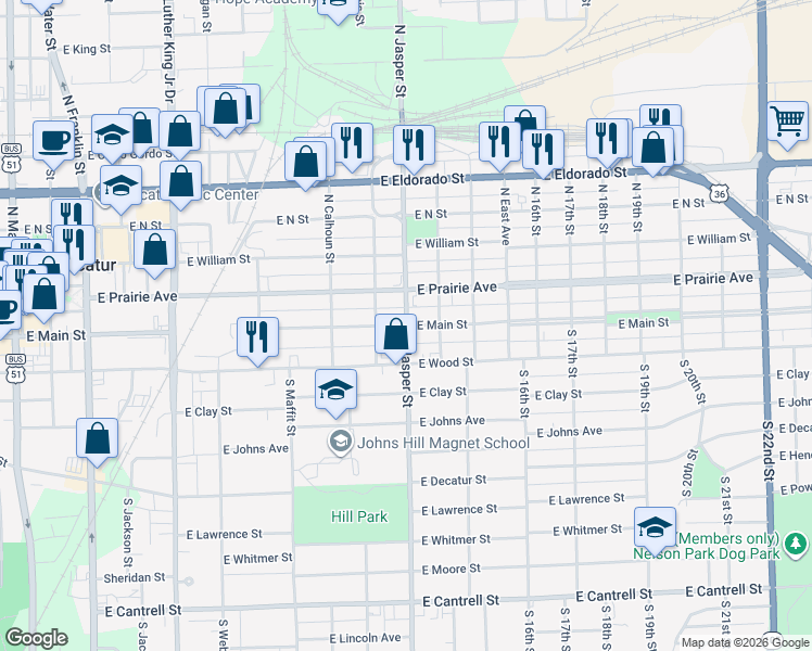 map of restaurants, bars, coffee shops, grocery stores, and more near 1201 East Main Street in Decatur