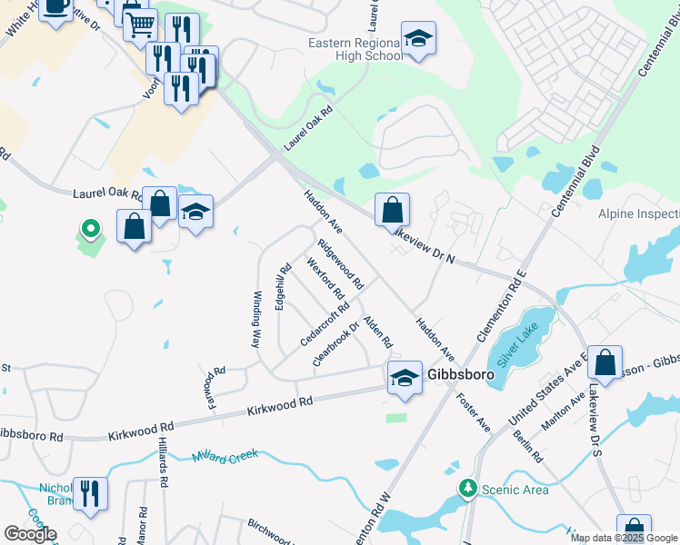 map of restaurants, bars, coffee shops, grocery stores, and more near 7 Ridgewood Road in Gibbsboro