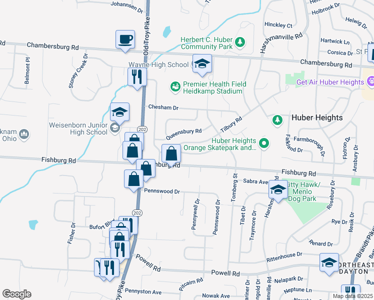 map of restaurants, bars, coffee shops, grocery stores, and more near 4966 Tewkesbury Drive in Dayton