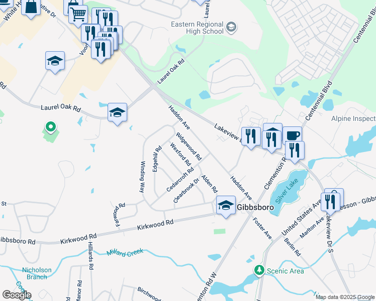 map of restaurants, bars, coffee shops, grocery stores, and more near 7 Ridgewood Road in Gibbsboro