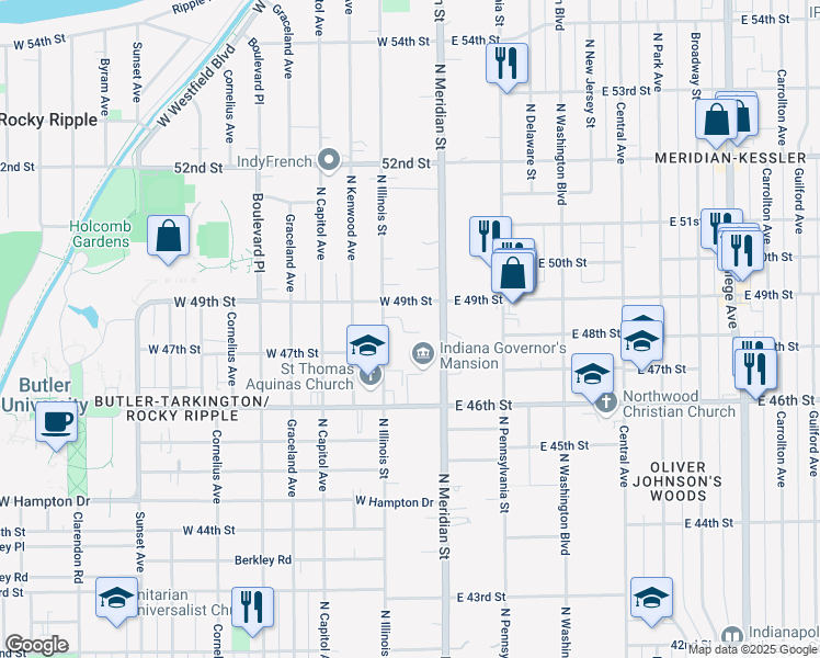 map of restaurants, bars, coffee shops, grocery stores, and more near 4735 North Illinois Street in Indianapolis