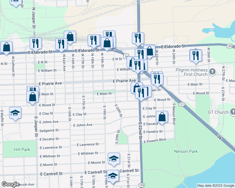map of restaurants, bars, coffee shops, grocery stores, and more near 124 South 20th Street in Decatur