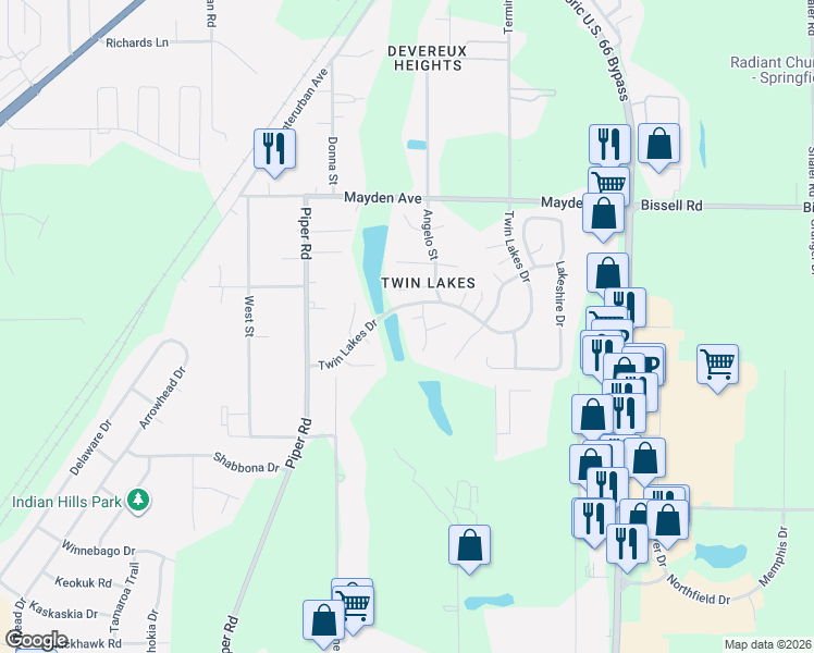 map of restaurants, bars, coffee shops, grocery stores, and more near 2704 Mead Drive in Springfield