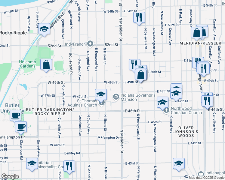 map of restaurants, bars, coffee shops, grocery stores, and more near 4735 North Illinois Street in Indianapolis