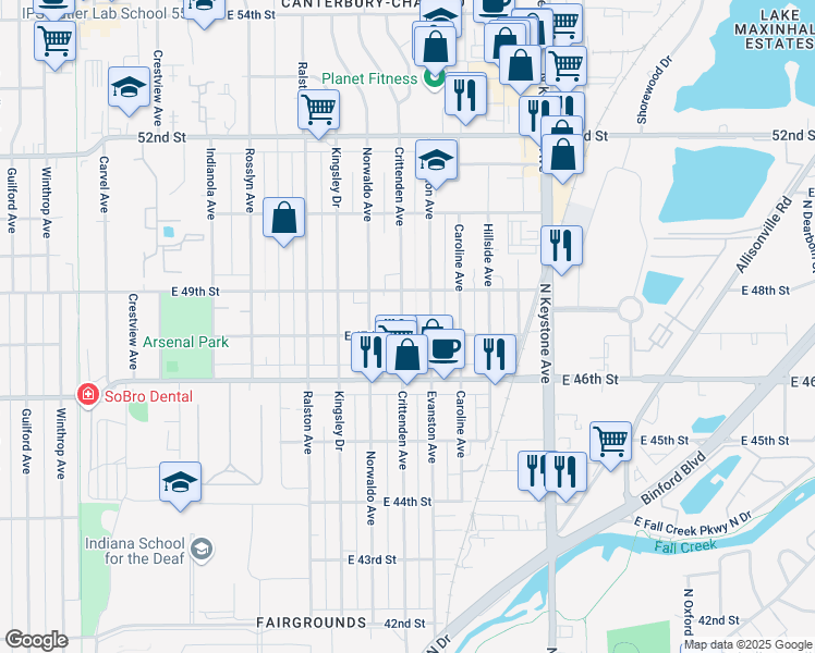 map of restaurants, bars, coffee shops, grocery stores, and more near 4652 Evanston Avenue in Indianapolis