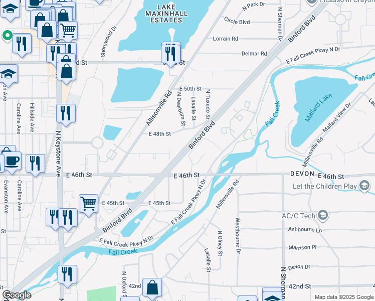 map of restaurants, bars, coffee shops, grocery stores, and more near 4717 Binford Boulevard in Indianapolis