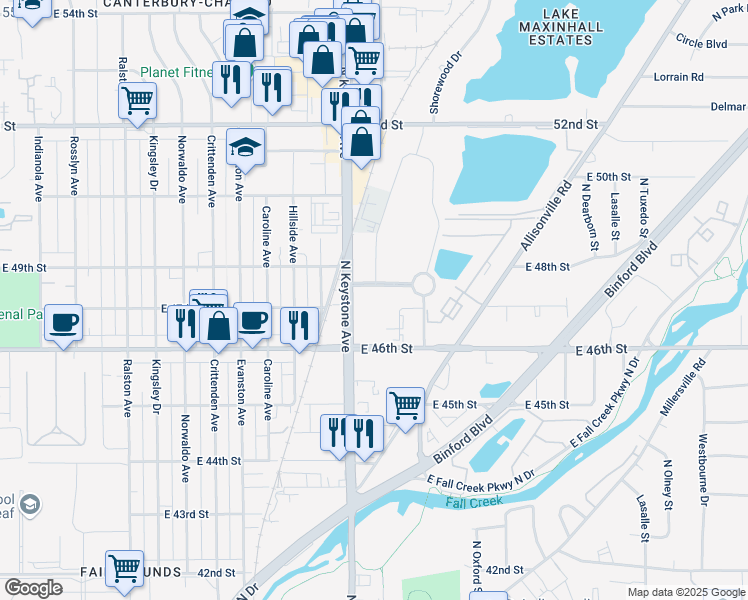 map of restaurants, bars, coffee shops, grocery stores, and more near 2421 Willowbrook Parkway in Indianapolis