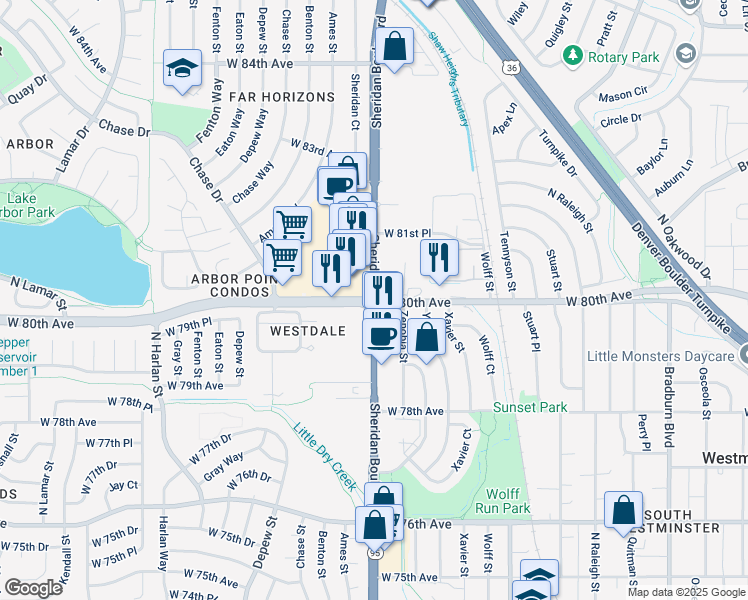 map of restaurants, bars, coffee shops, grocery stores, and more near Sheridan Blvd & W 80th Ave in Westminster