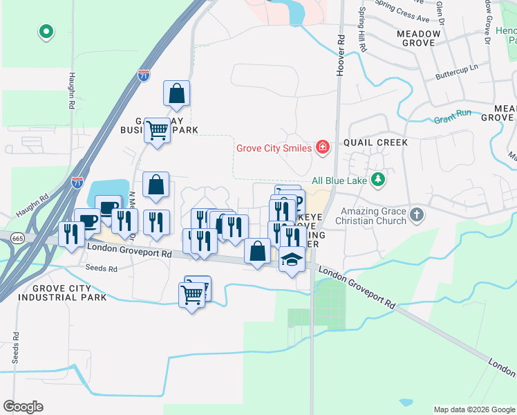 map of restaurants, bars, coffee shops, grocery stores, and more near 6026 Summit Way in Grove City