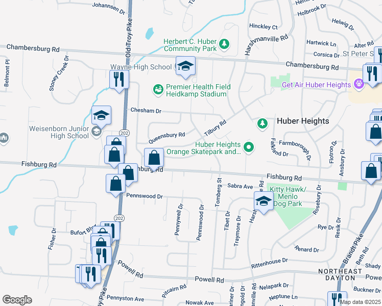 map of restaurants, bars, coffee shops, grocery stores, and more near 5054 Tewkesbury Drive in Dayton