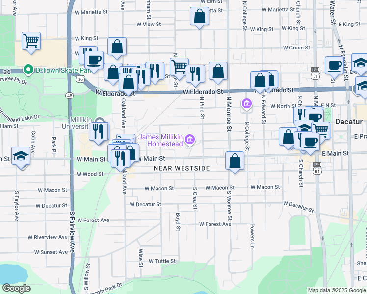 map of restaurants, bars, coffee shops, grocery stores, and more near 125 North Pine Street in Decatur