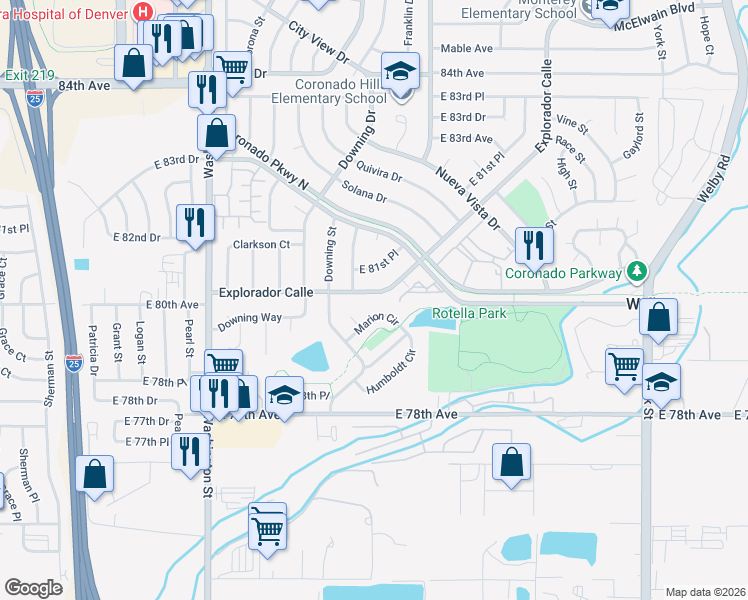 map of restaurants, bars, coffee shops, grocery stores, and more near 7982 Marion Court in Thornton