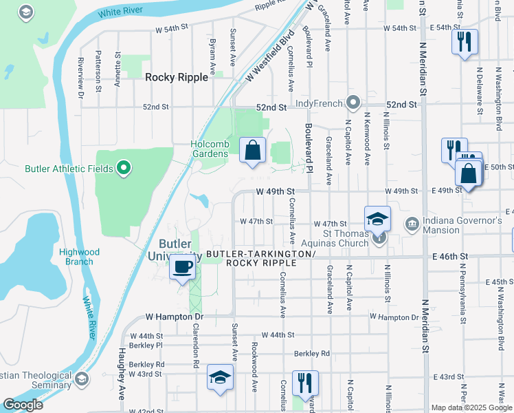 map of restaurants, bars, coffee shops, grocery stores, and more near 4711 Rookwood Avenue in Indianapolis