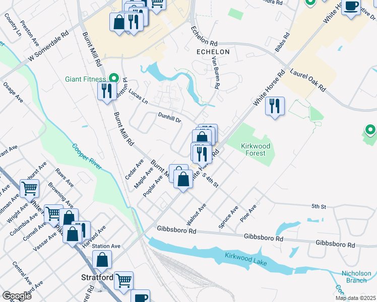 map of restaurants, bars, coffee shops, grocery stores, and more near 15 Dunhill Drive in Voorhees Township