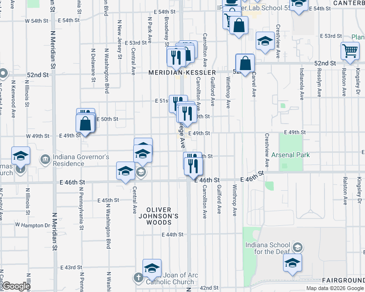 map of restaurants, bars, coffee shops, grocery stores, and more near 4805 North College Avenue in Indianapolis