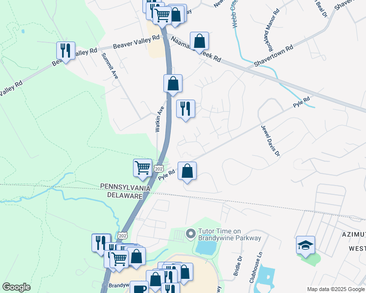 map of restaurants, bars, coffee shops, grocery stores, and more near 26 Sharpley Drive in Chadds Ford