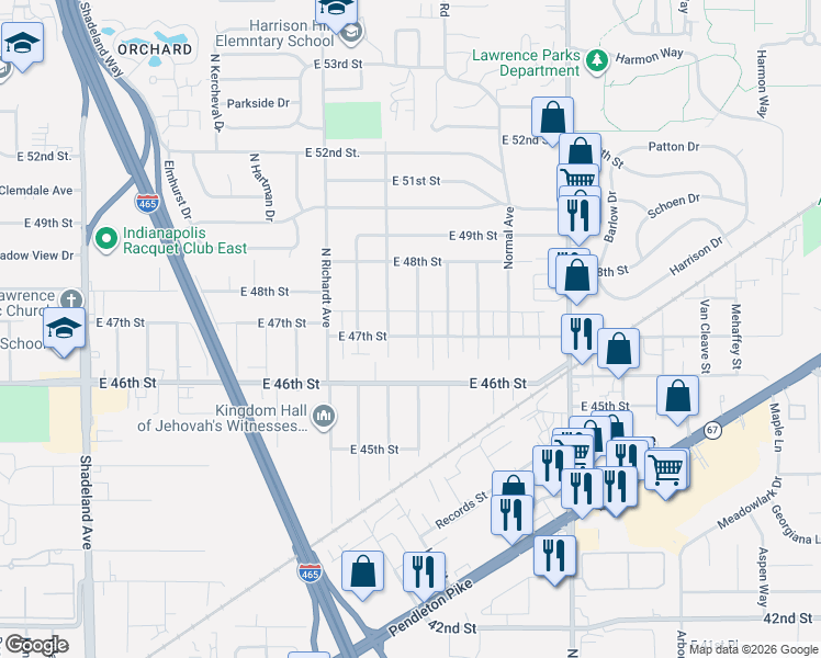map of restaurants, bars, coffee shops, grocery stores, and more near 7623 East 47th Street in Indianapolis