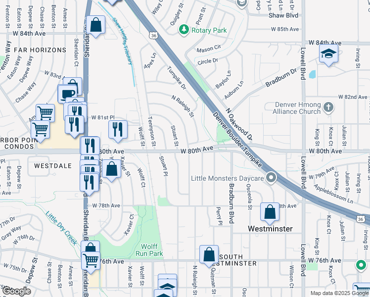 map of restaurants, bars, coffee shops, grocery stores, and more near 7988 Stuart Street in Westminster