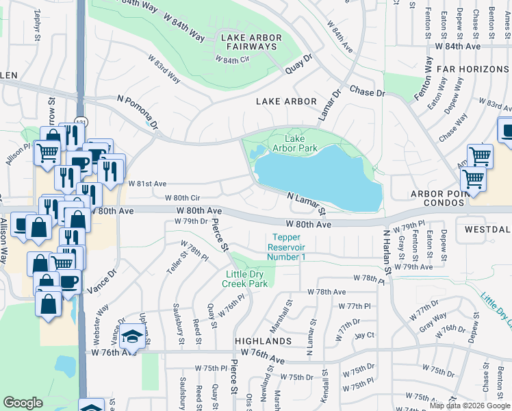 map of restaurants, bars, coffee shops, grocery stores, and more near 8010 Marshall Court in Arvada