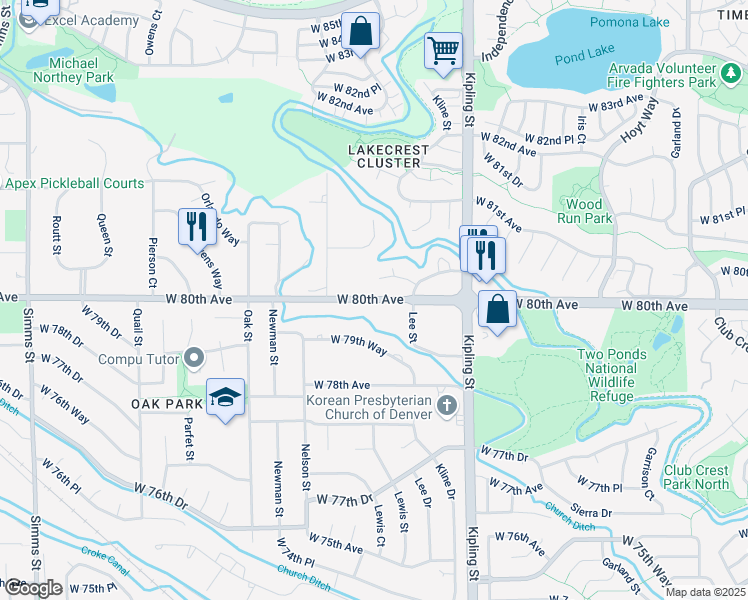 map of restaurants, bars, coffee shops, grocery stores, and more near 10260 West 80th Avenue in Arvada