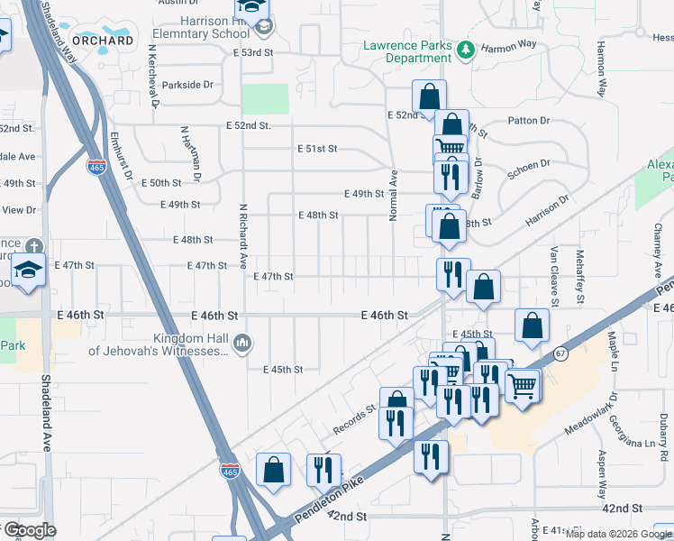 map of restaurants, bars, coffee shops, grocery stores, and more near 7711 East 47th Street in Lawrence