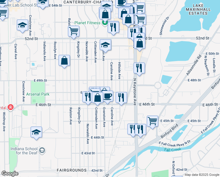 map of restaurants, bars, coffee shops, grocery stores, and more near 4642 Caroline Street in Indianapolis