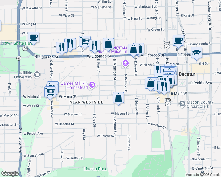map of restaurants, bars, coffee shops, grocery stores, and more near 600 West Main Street in Decatur