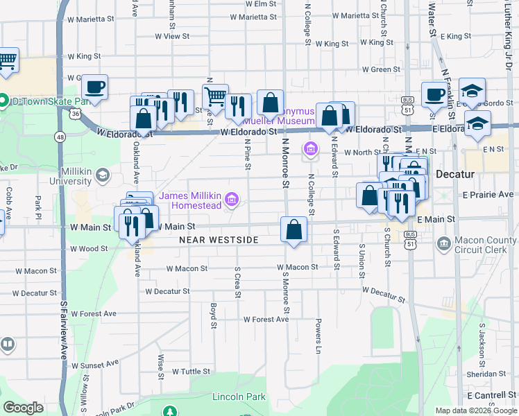 map of restaurants, bars, coffee shops, grocery stores, and more near 720 West Main Street in Decatur