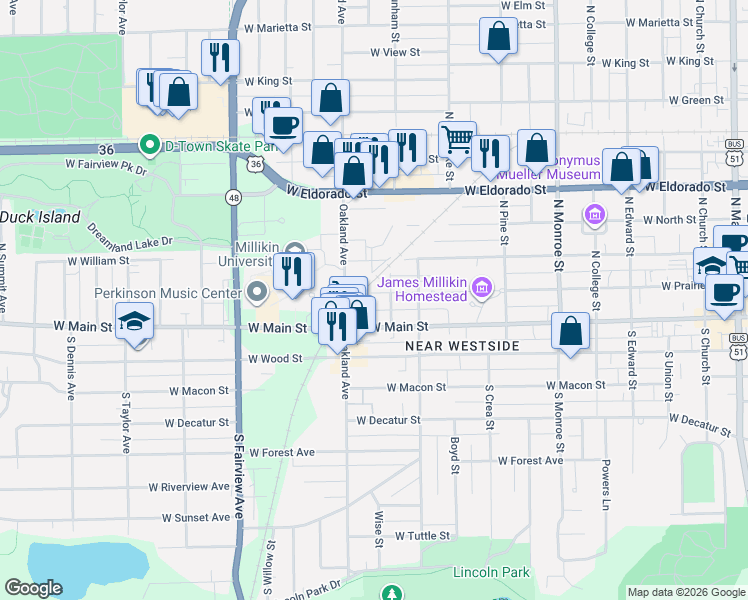 map of restaurants, bars, coffee shops, grocery stores, and more near 1052 West Main Street in Decatur