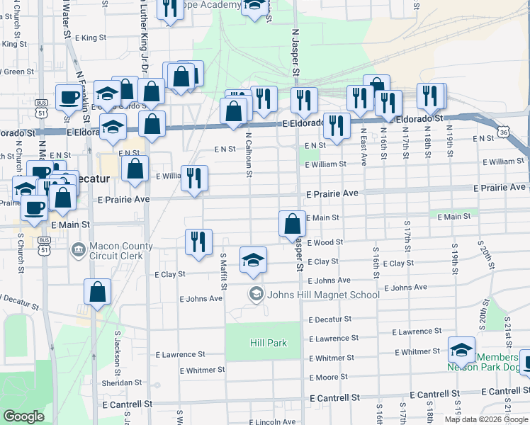 map of restaurants, bars, coffee shops, grocery stores, and more near 1001-1099 East Main Street in Decatur