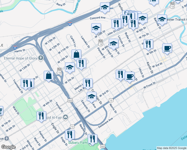 map of restaurants, bars, coffee shops, grocery stores, and more near 543 Norris Street in Chester