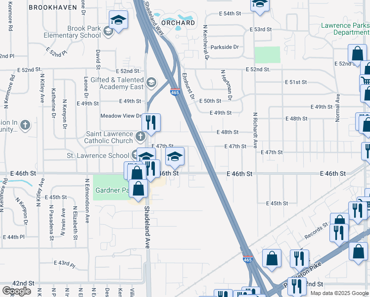 map of restaurants, bars, coffee shops, grocery stores, and more near in Lawrence