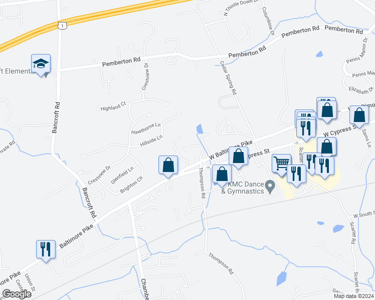 map of restaurants, bars, coffee shops, grocery stores, and more near 628 Buena Vista Drive in Kennett Square