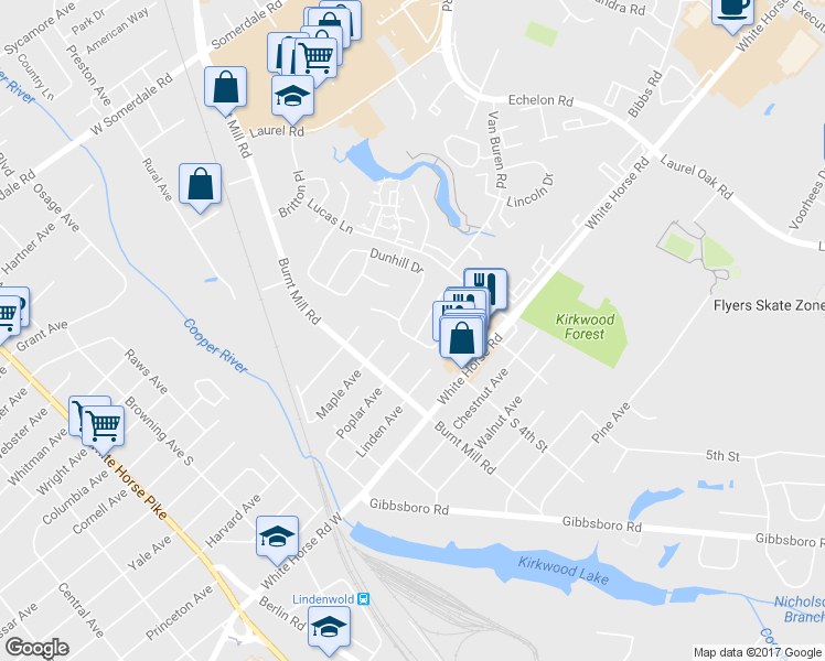 map of restaurants, bars, coffee shops, grocery stores, and more near 21 Chandler Lane in Voorhees Township