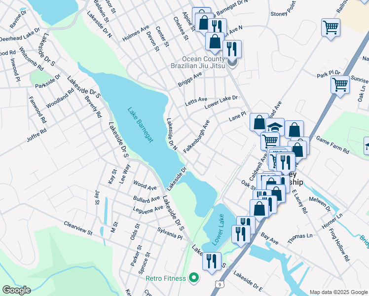 map of restaurants, bars, coffee shops, grocery stores, and more near 274 Falkenburgh Avenue in Lacey Township