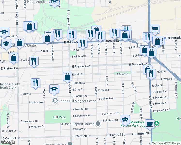 map of restaurants, bars, coffee shops, grocery stores, and more near 123 South East Avenue in Decatur