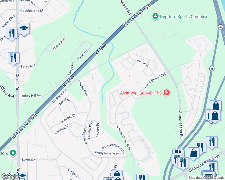 map of restaurants, bars, coffee shops, grocery stores, and more near 146 Pennsbury Lane in Woodbury
