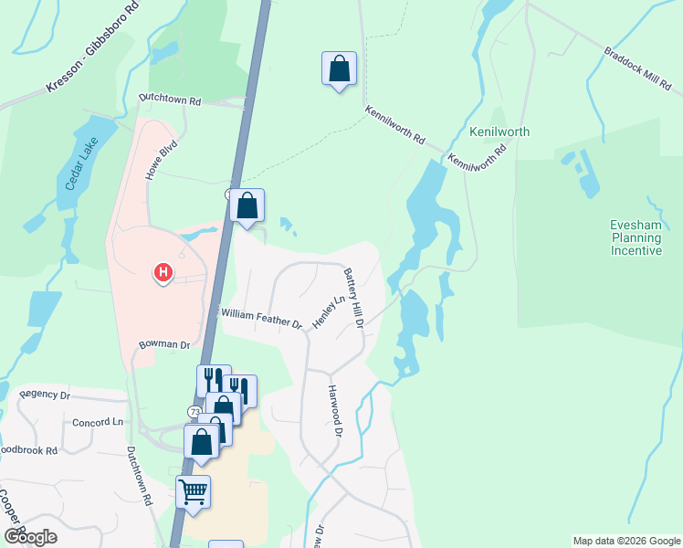 map of restaurants, bars, coffee shops, grocery stores, and more near 12 Henley Lane in Voorhees Township