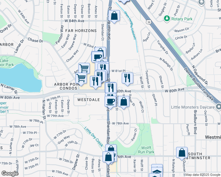 map of restaurants, bars, coffee shops, grocery stores, and more near 5150 W 80th Ave in Westminster