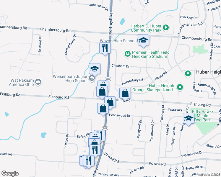 map of restaurants, bars, coffee shops, grocery stores, and more near 6052 Old Troy Pike in Huber Heights