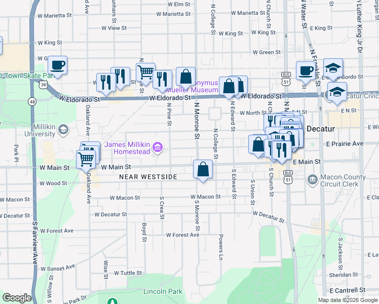 map of restaurants, bars, coffee shops, grocery stores, and more near 600 West Main Street in Decatur